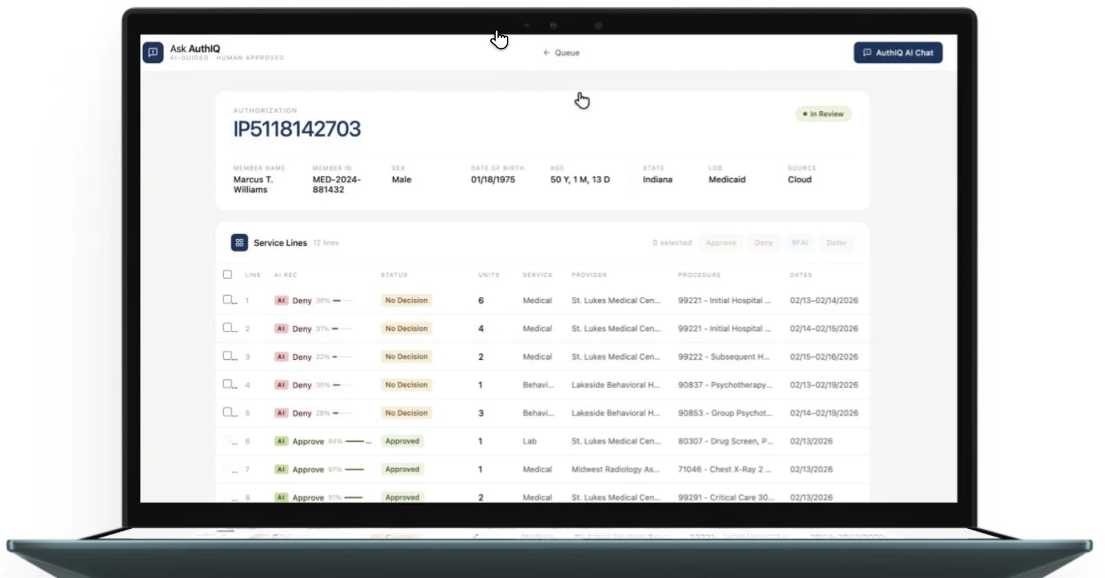 The Authorization IQ review screen on a laptop, showing AI recommendations against a list of service lines.