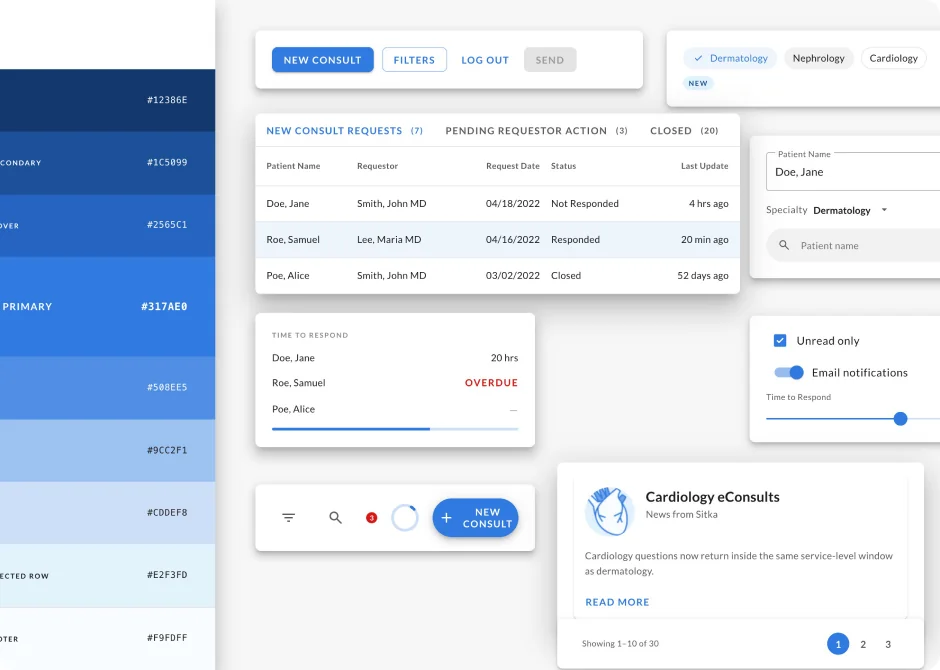 Sitka's Material-based component library: a blue color ramp, buttons, a consult requests table, chips, and form fields.